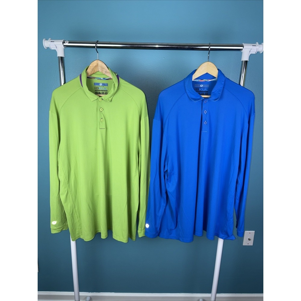 Lot Of 2 IBKUL Long Sleeve Polo Shirt Men 2XL Blue Stretch UPF50 Outdoor